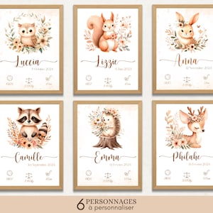 Personalisiertes Geburtsposter Waldtiere - Baby-Souvenirposter - Initiale, Vorname, Gewicht, Größe und Uhrzeit - Eichhörnchen, Kaninchen