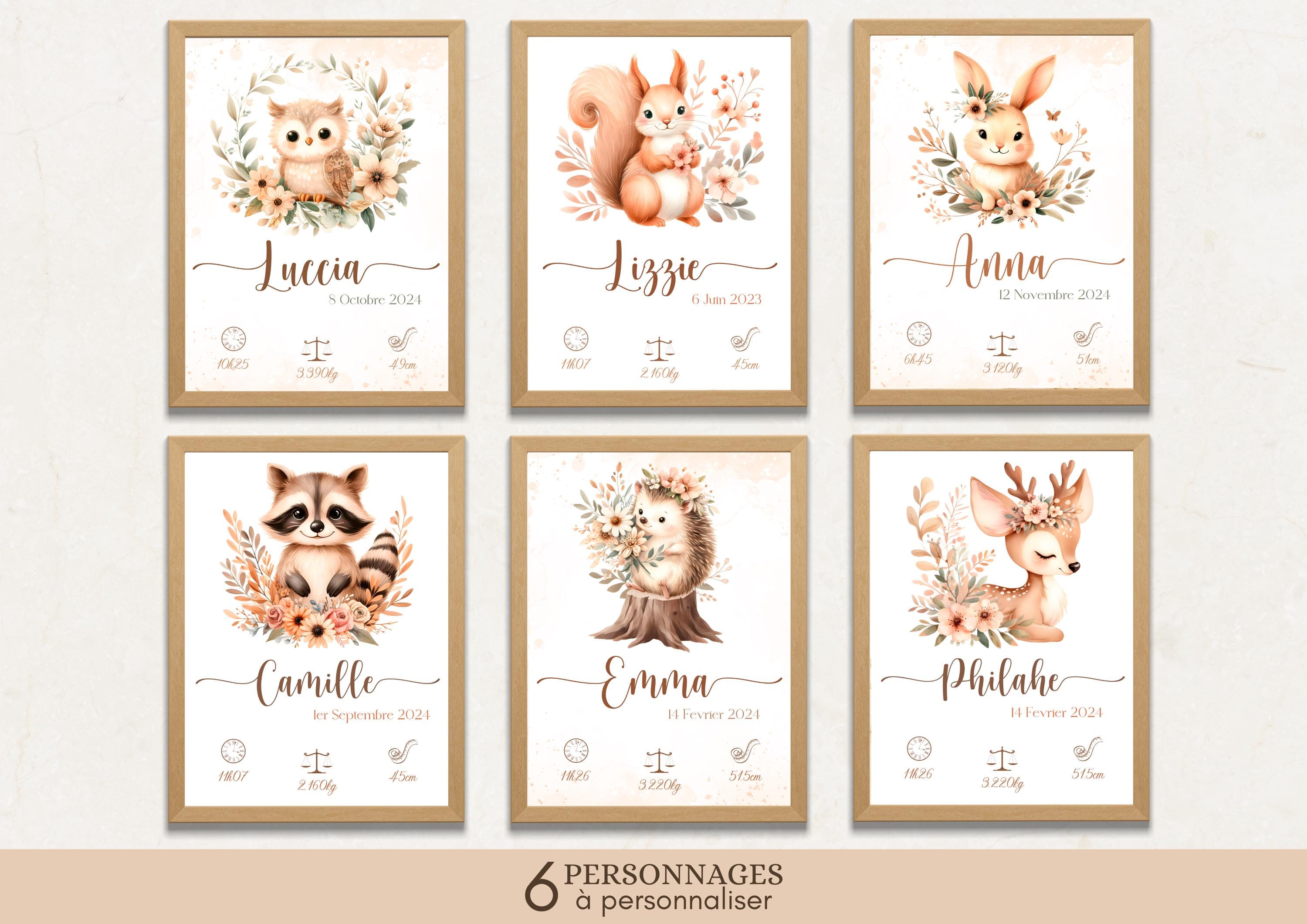 Personalized birth poster forest animals - Baby souvenir poster - Initial, first name, weight, height and time - squirrel, rabbit