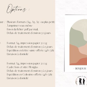 May include: A digital art print with an abstract design featuring a peach, green, and beige color scheme. The print has a sun and a single white feather in the design. The text "Bonjour La Vie" is at the bottom of the print. The text "edine & Lou" is below the print.
