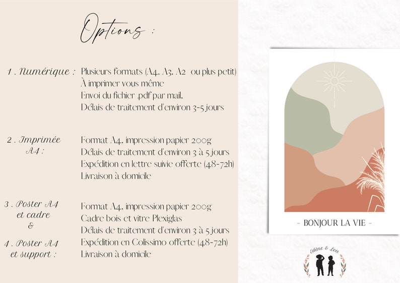 May include: A digital art print with an abstract design featuring a peach, green, and beige color scheme. The print has a sun and a single white feather in the design. The text "Bonjour La Vie" is at the bottom of the print. The text "edine & Lou" is below the print.