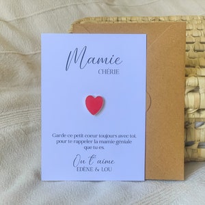 Carte merci Mamie chérie personnalisée - broche coeur - pin's coeur rouge - cadeau grand-mère