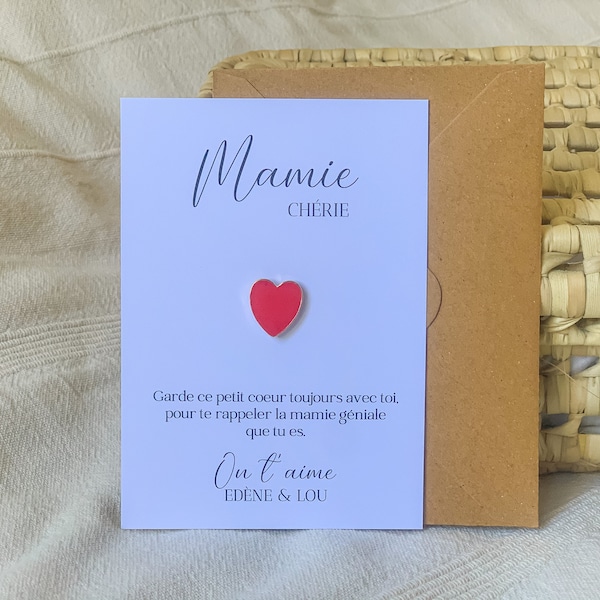 Carte merci Mamie chérie personnalisée - broche coeur - pin's coeur rouge - cadeau grand-mère