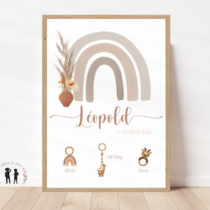 Personalisiertes Boho-Regenbogen-Geburtsposter - Babyposter, Zeit, Größe, Gewicht - PDF oder gedruckt