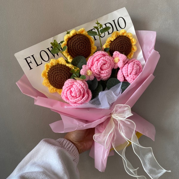 Beautiful handmade summer pink rose and golden sunflower crochet flower bouquet + matching gift bag.