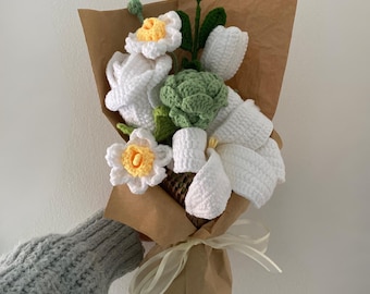 Handmade Crochet Flower Bouquet – Lily, Rose & Eucalyptus – Teacher, and graduation Gift with Gift Bag