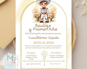 May include: A white and gold invitation card with a cartoon illustration of a boy in a cowboy hat and suit. The text on the card reads "Bautizo y Primer Año" and "Dios acompaña mis primeros pasos Cuauhtémoc Zepeda".