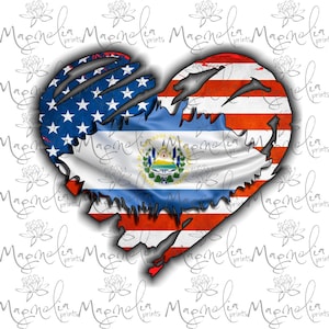 Puede incluir: Un gr&aacute;fico en forma de coraz&oacute;n con un dise&ntilde;o de bandera estadounidense desgastado en el lado izquierdo y un dise&ntilde;o de bandera de El Salvador desgastado en el lado derecho. Las banderas se superponen y los bordes est&aacute;n desgarrados.