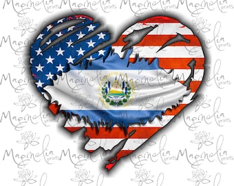 May include: A heart-shaped graphic with a distressed American flag design on the left side and a distressed El Salvador flag design on the right side. The flags are overlapping and the edges are torn.