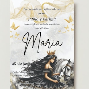 Black Gold Quinceañera Invitation Editable Western with horse / canva / Digital download