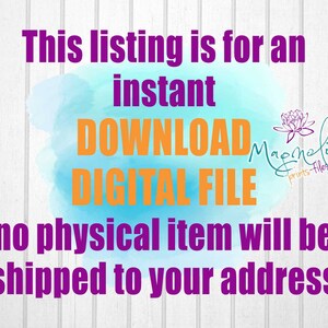 Puede incluir: Texto sobre un fondo de acuarela azul y blanco que dice "This listing is for an instant DOWNLOAD DIGITAL FILE no physical item will be shipped to your address". El texto est&aacute; en morado y naranja. Las palabras "Magnolia prints-files" est&aacute;n en una fuente m&aacute;s peque&ntilde;a y en morado.