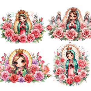 Art numérique / lot de 4 dessin animé Virgencita de guadalupe / fichier imprimable / fichier à télécharger / PNG / graphique / clipart / sublimation
