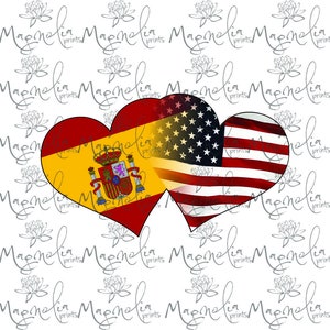 Digital file /  2 Hearts with  Flags  Spain Usa /  digital / design file download PNG  & JPG / valentines day