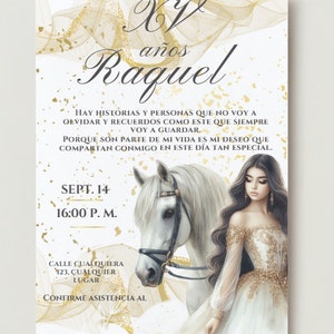 Invitación Quinceañera Oro Marfil Editable Western con caballo/XV Años