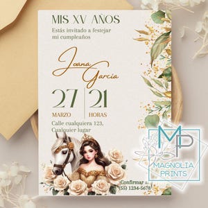 Green gold  Quinceañera Ivory Invitation Editable Western with horse / XV AñOS
