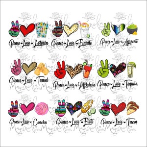 Digital file/ 9X Peace love mexican elements /  digital / file download PNG / printable art / sublimation / bundle / hispanic / mes patrio
