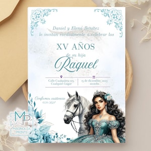 Teal silver  Quinceañera Invitation Editable Western with horse / XV AñOS