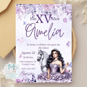 Lilac Silver Quinceañera Invitation Editable Western with horse / XV AñOS