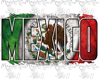 May include: A distressed, vintage-style graphic of the word "MEXICO" with the Mexican flag colours and the Mexican coat of arms in the centre.