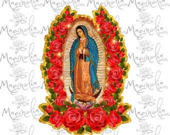 May include: A digital illustration of Our Lady of Guadalupe, a religious figure, surrounded by red roses and a gold glitter background.