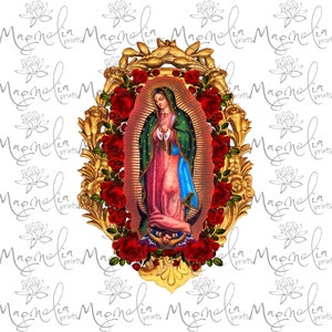 Arte digital / Virgen de guadalupe marco dorado rosas rojas / español / archivo imprimible / descargar archivo / PNG / gráfico / arte