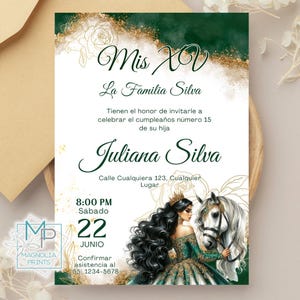 Green gold  Quinceañera Invitation Editable Western with horse / XV AñOS
