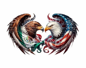 Puede incluir: Dos águilas calvas enfrentadas, una cubierta con la bandera estadounidense y la otra con la bandera mexicana. Las águilas están en una pose feroz, con las alas extendidas.