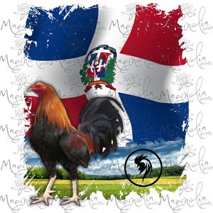 May include: A rooster stands in front of a distressed Dominican Republic flag. The rooster is brown, black, and red. The flag is red, white, and blue with a coat of arms in the center. The background is a white, distressed, floral pattern.
