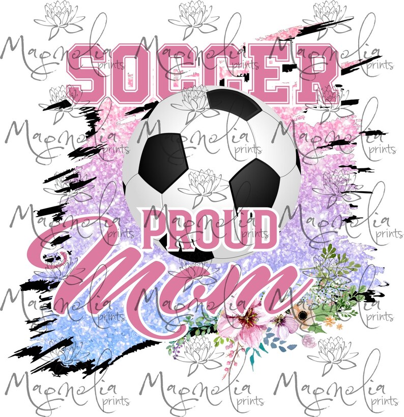 K&ouml;nnte beinhalten: Rosa-lila Glitzerhintergrund mit einem schwarz-wei&szlig;en Fu&szlig;ball, einem rosafarbenen Blumendesign und dem Text "Soccer Proud Mom".