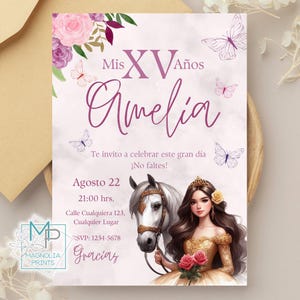 Lilac Gold Quinceañera Invitation Editable Western with horse / XV AñOS