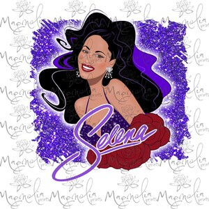 May include: A digital illustration of Selena, a famous singer, with a purple glitter background. The image features a portrait of Selena with long black hair, wearing a purple and black dress, and a red rose. The text "Selena" is written in purple below the portrait.