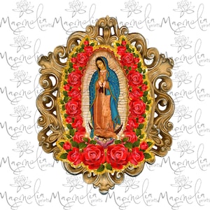 Art numérique / Virgen de guadalupe roses glitter red gold frame / espagnol / fichier imprimable / fichier téléchargeable / PNG / graphique / art