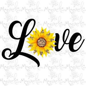Könnte beinhalten: Schwarzer kursiv geschriebener Text, der "Love" buchstabiert, mit einer gelben Sonnenblume mit einem Leopardenmuster im Zentrum.