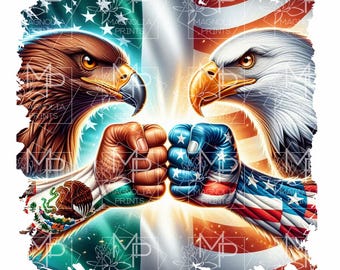 May include: A digital illustration of two eagles facing each other with their fists raised. The eagle on the left has brown and gold feathers and is holding a fist with a Mexican flag design. The eagle on the right has white feathers and is holding a fist with an American flag design. The background is a blurred image of the Mexican and American flags.