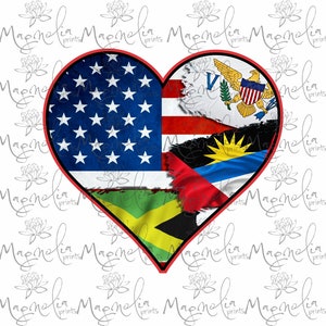 Digital file /  Antigua, Us, USVI, and Jamaica flag heart  /  digital / design file download PNG and JPG only