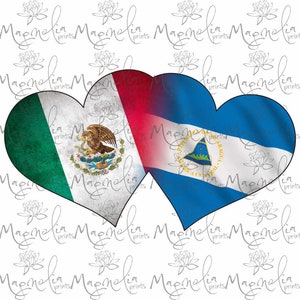 Digital file /  2 Hearts with  Flags  Nicaragua Mexico /  digital / design file download PNG  & JPG / valentines day