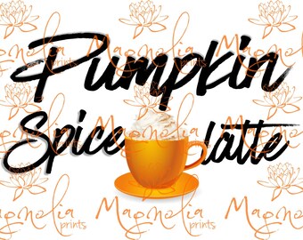 May include: A graphic design featuring the text "Pumpkin Spice Latte" in black with a stylized orange cup of coffee with whipped cream on top. The background is white with a repeating pattern of orange flowers.