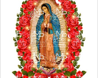 Digital art / Virgen de guadalupe roses glitter red / spanish  / printable file / download file / PNG / graphic / art