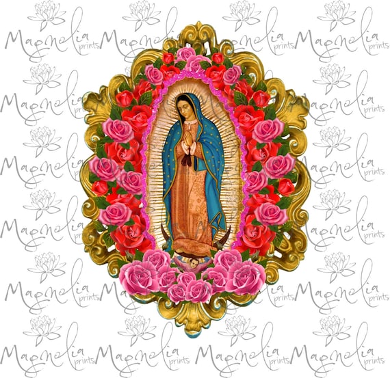 Arte digital / Virgen de guadalupe rosas glitter marco de oro - Etsy España