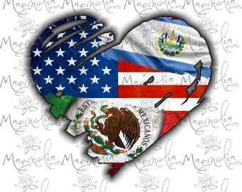 Digital file /  USA Mexico  El salvador Flag heart  /  digital / design file download PNG