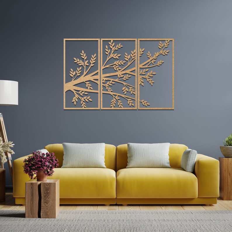 054 Contemporary 3 Panel Framed Wood Tree Branch Wall Art Etsy