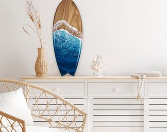 Decorative Surfboard with ocean wave art, surf home decor, resin wall art, surf gift, ocean art, beach house living room decor