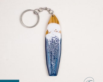 Mini surfboard keychain with ocean-themed resin wave art - Surf's up! grad gift idea - miniature surf ornament - car key, backpack accessory
