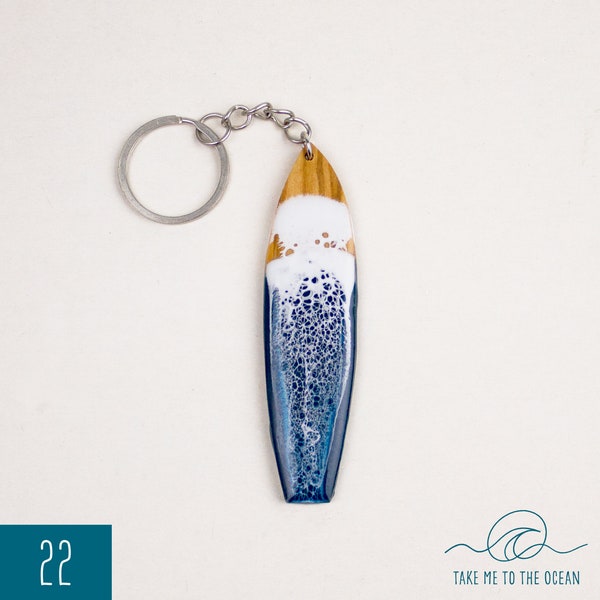 Mini surfboard keychain with ocean-themed resin wave art - Surf's up! - gift idea - miniature surf ornament - car key, backpack accessory