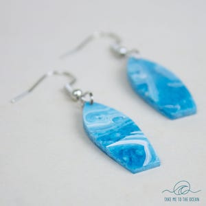 Surf Earrings: Mini handmade Surfboard earrings made from resin, Patina blue surf jewelry, light weight earrings