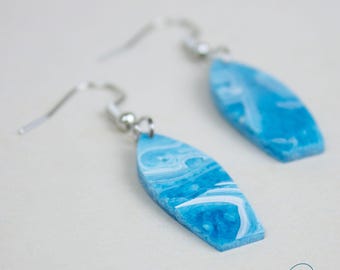 Surf Earrings: Mini handmade Surfboard earrings made from resin, Patina blue surf jewelry, light weight earrings