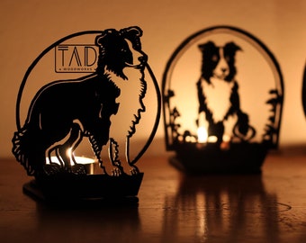 Personalised Border Collie Silhouette Lamp - Decorative Tea Light Holder - Wooden Candle Lantern - Gift for Dog Lover - Hand Drawn Art Decor