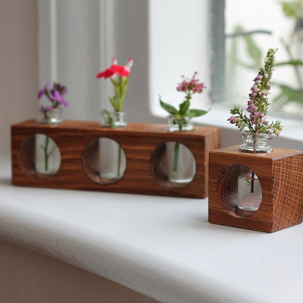 Single Stem Desktop Propagation Vase Cube - Single or Triple Station - Oak