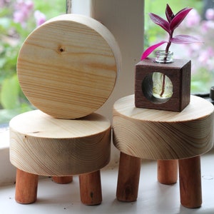 May include: Three wooden stools, each with three legs. The stools are made from natural wood and have a rustic look. A small wooden planter with a glass vase and a purple plant sits on top of one of the stools.