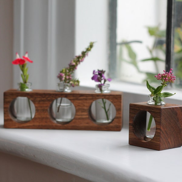 Cube Single Stem Propagation Vase - Single or Triple - Walnut