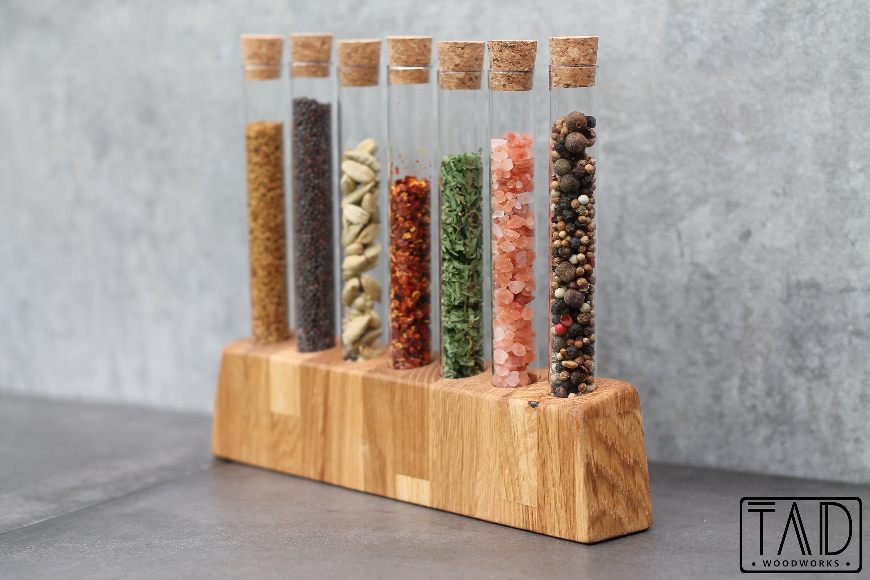 Oak Spice Rack With Glass Test Tubes and Cork Stoppers - Etsy UK
